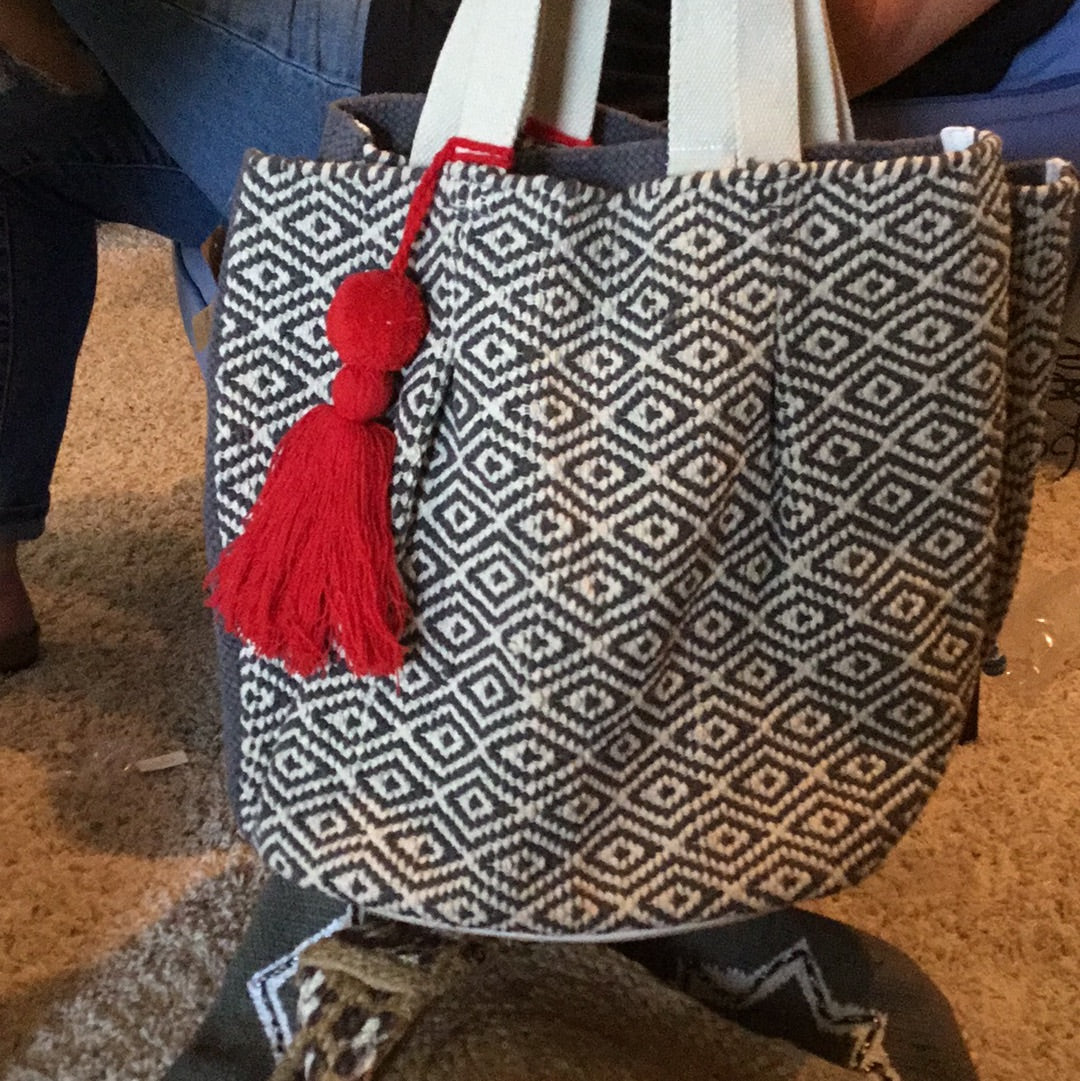 Grey and Cream Bag with Red Tassel