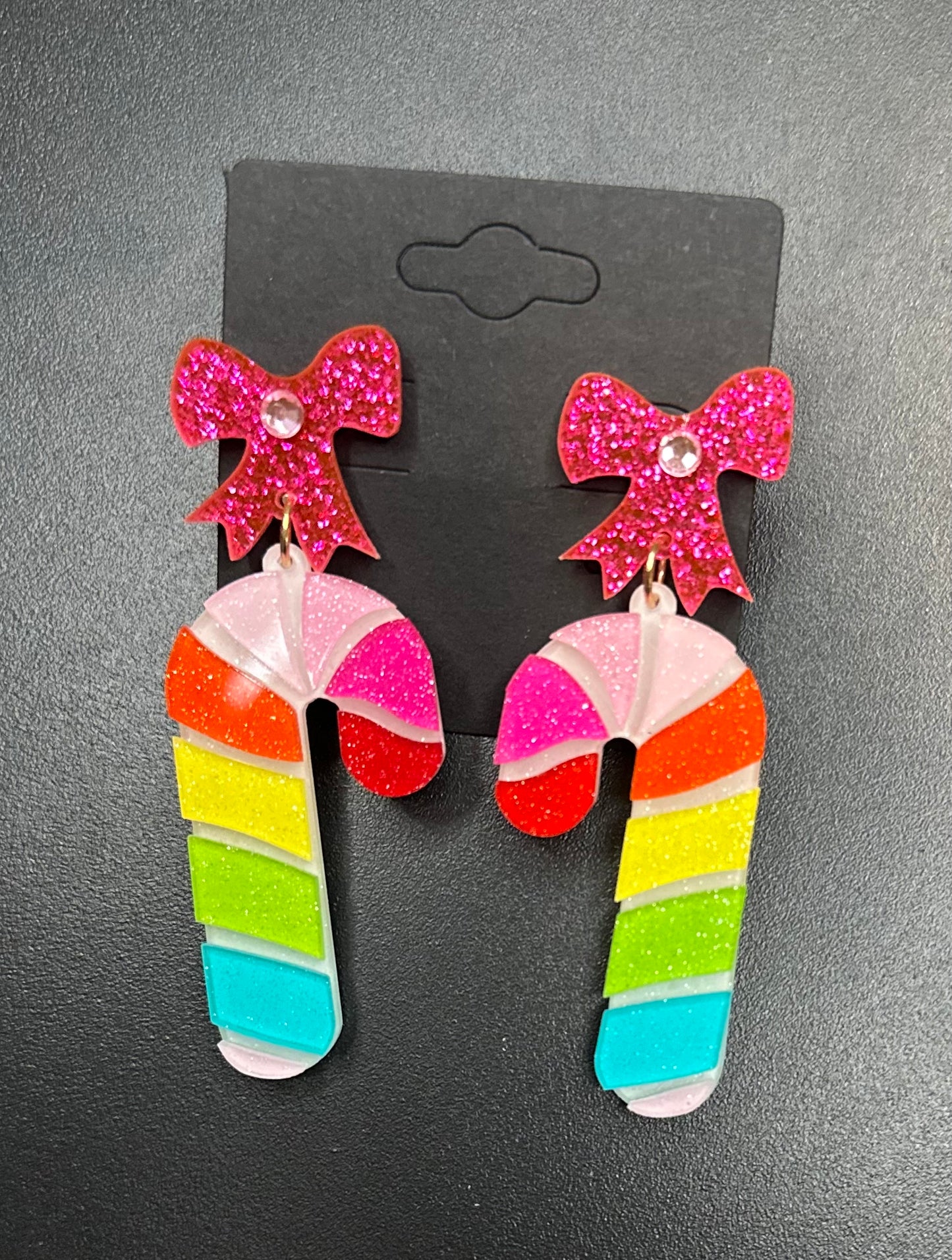 Pink Bow Candy Cane Earrings