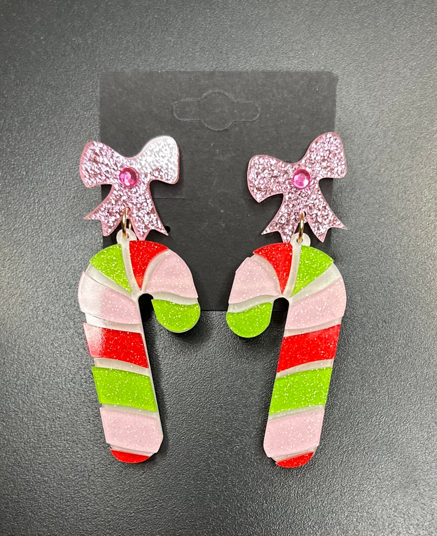 Pink Bow Candy Cane Earrings